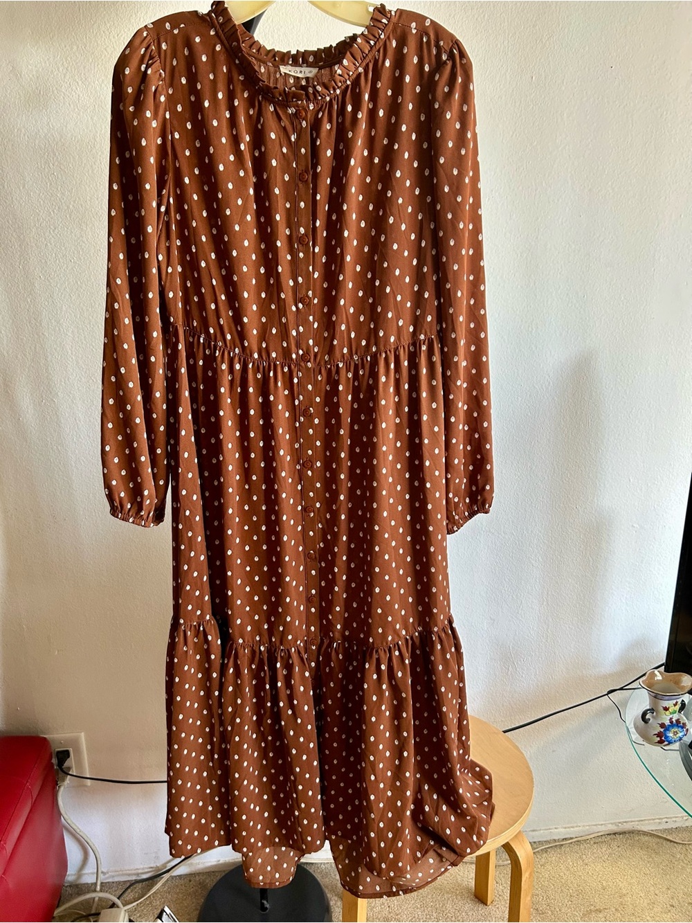 Kori Brown Polka Dot Long Sleeve Tiered Midi Dress